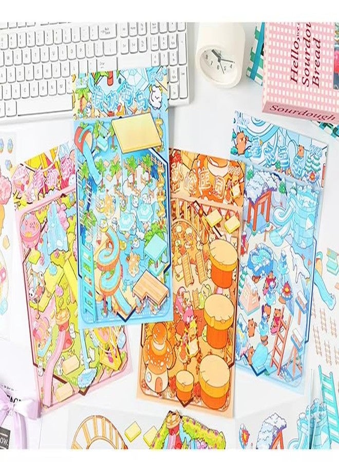 Palap TruGyft® DIY 3D House Stickers Pack of 4 with Tweezer - Cute Cartoon Scene Kits for Kids Large - Four Seasons to You- Spring Valley, Longhuan Island, Qiuyu Manor, Twilight Bale - Image 2